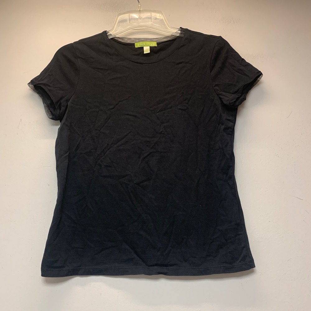 Sigrid Olsen Top Women Small Black Excellent Mesh Trim Cotton Short Sleeve Tee